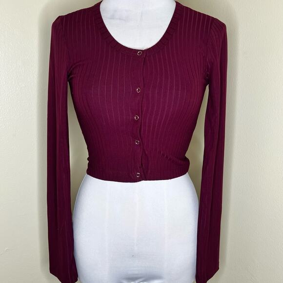 Capella Crop Top Large Burgundy Snap Button Jersey Rib Knit Stretch Casual New - Picture 2 of 7
